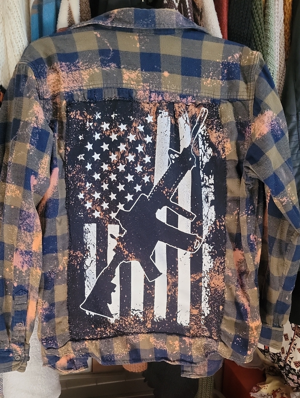 Distressed Plaid Flannel Jacket with Flag & Rifle Back Graphic